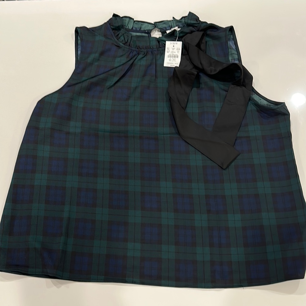 J Crew Black Watch Tartan Top with Ruffle Collar